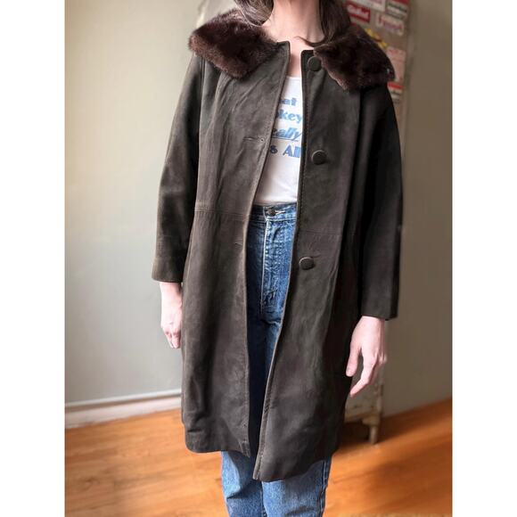Vintage 60s Suede Fur Collar Coat | Chocolate Brown Mink Trim | Size M/L - Picture 8 of 14